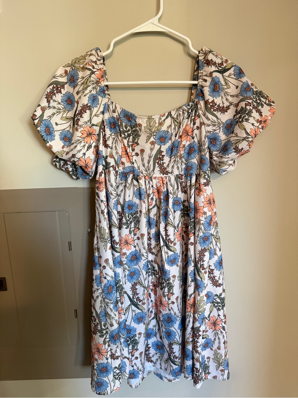Altar'd State White Floral Puff-Sleeve Dress with Blue and Peach Flowers